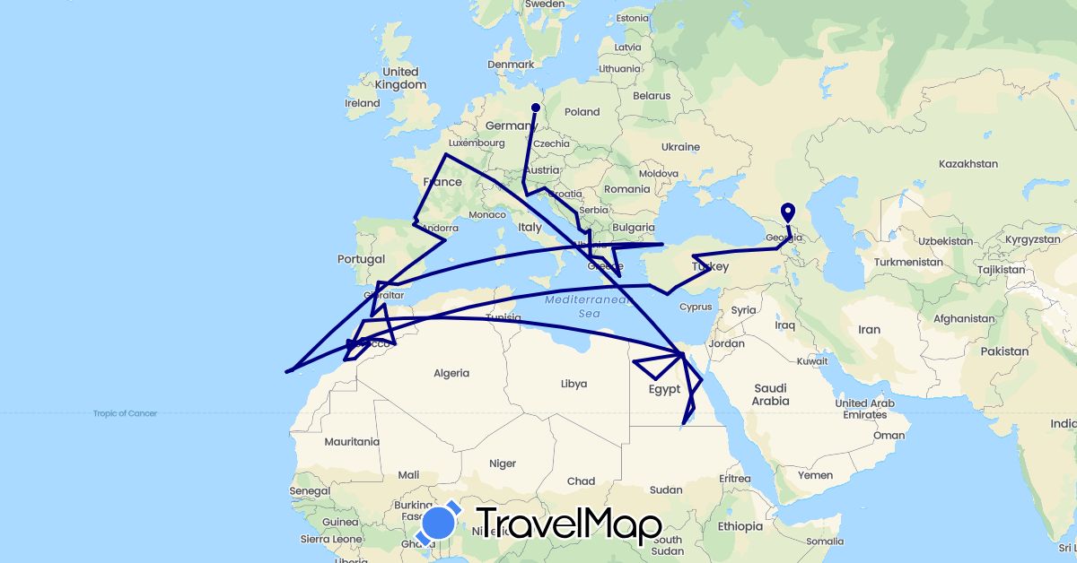 TravelMap itinerary: driving in Albania, Bosnia and Herzegovina, Switzerland, Germany, Egypt, Spain, France, Georgia, Greece, Italy, Morocco, Montenegro, Slovenia, Turkey (Africa, Asia, Europe)